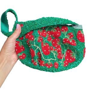 Strawberry Beaded Bag Green Handbag Red Strawberries All Over Purse NEW India
